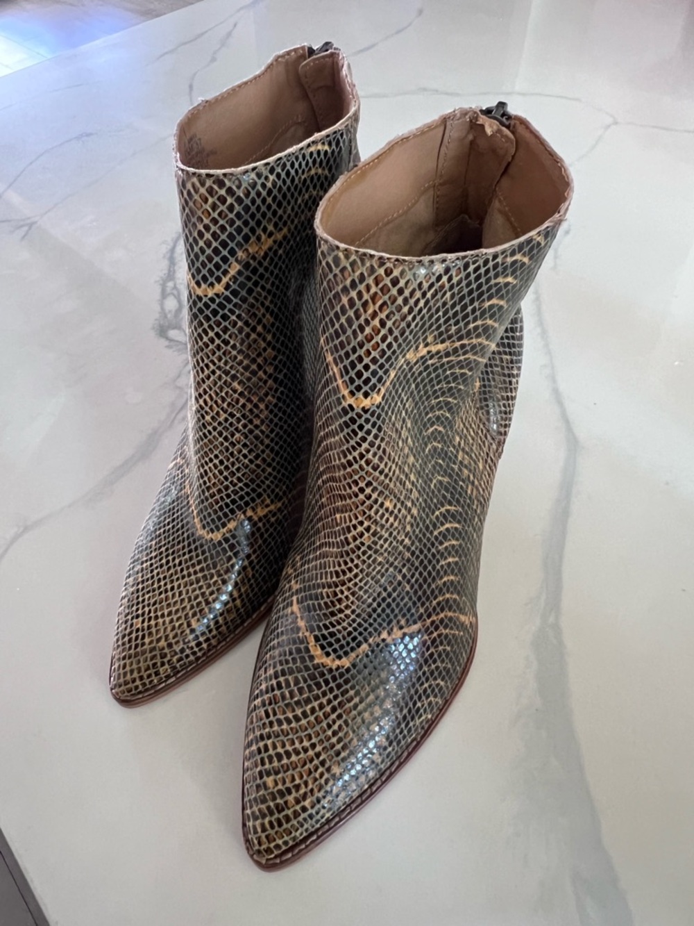 Lucky Brand Adalan Animal Print Leather Ankle Bootie Zip Pointed Toe Brown 6.5